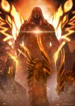  building burning claws confrontation dragon dragon_horns embers giant_monster glowing godzilla godzilla:_king_of_the_monsters godzilla_(series) highres horns kaijuu king_ghidorah king_ghidorah_(godzilla:_king_of_the_monsters) looking_at_another monster moth_wings multiple_heads no_humans orange_theme scales sharp_teeth smoke spread_wings standing suttoko teeth twitter_username wings 