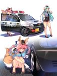  2girls alternate_costume animal_ear_fluff animal_ears aqua_hair breasts car dragon_girl dragon_horns fate/grand_order fate_(series) fox_ears fox_girl fox_tail ground_vehicle hat highres horns kiyohime_(fate/grand_order) large_breasts miniskirt motor_vehicle multiple_girls multiple_horns panties pink_hair police police_car police_hat police_uniform short_sleeves skirt tail tamamo_(fate)_(all) tamamo_no_mae_(fate) tire_marking_tool underwear uniform white_background wisespeak yellow_eyes 