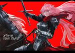  1girl animal armor bangs black_border border character_name closed_mouth eyebrows_visible_through_hair gauntlets girls_frontline hair_flaps highres holding holding_sword holding_weapon horse horseback_riding knight long_hair ntw-20_(girls_frontline) osakana_(denpa_yun&#039;yun) pink_eyes pink_hair red_background red_scarf riding scarf simple_background sword weapon 