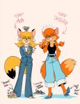 age_difference angry anthro barefoot belt blazer bottomwear breasts canid canine cleavage clothed clothing daughter_(lore) denim denim_bottomwear denim_clothing dipstick_ears dipstick_tail duo ear_markings ear_piercing english_text feet female footwear fox fur green_eyes heelpop hi_res jeans jewelry lipstick loose_footwear makeup mammal markings mature_female mother_(lore) mother_and_child_(lore) mother_and_daughter_(lore) mrs._mac_sionnach multicolored_ears necklace older_anthro older_female orange_body orange_fur pants parent_(lore) parent_and_child_(lore) parent_and_daughter_(lore) patricia_mac_sionnach piercing pigtails red_lipstick shirt shoe_dangle shoes simple_background smile sneakers soles sonnyd61 sound_effects standing tail tail_markings tank_top tapping_foot text topwear upset white_background younger_anthro younger_female