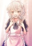  1boy alternate_costume apron bangs blush crossdressing dress enmaided eyebrows_visible_through_hair headwear_removed kuga_yuuma maid maid_headdress ochichi_nn otoko_no_ko red_eyes smile solo waist_apron white_hair world_trigger 