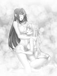  2girls absurdres ass bare_arms bare_legs barefoot bikini blurry bokeh braid breasts butt_crack cleavage depth_of_field dimples_of_venus eyebrows_visible_through_hair from_side greyscale highres kannatsuki_noboru kneeling large_breasts long_hair magical_explorer micro_bikini monochrome multiple_girls novel_illustration official_art one_side_up side-tie_bikini side_braid sideboob sidelocks skindentation strap_gap string_bikini swimsuit 