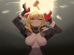  1girl absurdres ahoge black_scarf blonde_hair breasts cocomayo29_(tomato) commentary_request covered_navel dress fur_collar gloved_sleeves gloves half-closed_eyes highres hololive hololive_indonesia impossible_clothes impossible_dress kaela_kovalskia kaela_kovalskia_(1st_costume) korean_commentary large_breasts long_sleeves looking_up mallet red_eyes red_gloves scarf single_glove skin_tight solo upper_body virtual_youtuber 