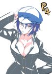  1girl blue_eyes blue_hair blush breasts cabbie_hat cleavage hat large_breasts looking_at_viewer open_mouth persona persona_4 school_uniform shirogane_naoto short_hair simple_background tukiwani white_background 
