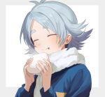 1boy arms_up blush chewing closed_eyes commentary_request dot_nose ebi_(shrimp_eleven) food food_on_face fubuki_shirou grey_hair hair_behind_ear holding holding_food inazuma_eleven inazuma_eleven_(series) jacket long_sleeves male_focus parted_hair scarf simple_background smile solo thick_eyebrows upper_body white_background white_scarf 