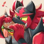  1:1 anthro black_body black_fur burger eating fangs food fur hi_res holding_food holding_object imokennpi incineroar looking_down male multicolored_body multicolored_fur musical_note nintendo pok&eacute;mon pok&eacute;mon_(species) red_body red_fur simple_background solo video_games 