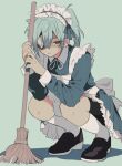  1boy apron arms_up back_bow blue_hair bow brown_eyes closed_mouth collar crossdressing ebi_(shrimp_eleven) eyepatch frilled_apron frilled_collar frills green_background hair_between_eyes holding holding_mop inazuma_eleven inazuma_eleven_(series) kneehighs kneeling long_sleeves looking_at_viewer maid maid_apron maid_headdress male_focus male_maid mop neck_ribbon one_eye_covered otoko_no_ko ponytail ribbon sakuma_jirou shadow shoes simple_background sleeve_cuffs socks solo white_bow white_ribbon white_socks 