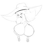  1:1 big_breasts big_butt breasts butt clothing crouching dart_(thecon) female footwear goblin hi_res high_heels huge_butt humanoid looking_back monochrome not_furry rear_view shoes simple_background solo thecon white_background wide_hips 