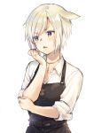  1girl animal_ears apron bangs black_apron blue_eyes blush cat_ears collared_shirt commentary_request eyebrows_visible_through_hair final_fantasy final_fantasy_xiv hand_up heterochromia midorikawa_you miqo&#039;te parted_lips purple_eyes shirt short_hair short_sleeves silver_hair simple_background solo upper_body v-shaped_eyebrows whisker_markings white_background white_shirt 