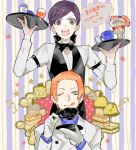  2boys ;d archived_source borrowed_character bow bowtie cup desert drawr earrings food formal gloves green_eyes hair_bow hair_ornament hair_up hairpin heterochromia holding holding_cup holding_tray jewelry male_focus multiple_boys nishihara_isao oekaki one_eye_closed open_mouth orange_hair original parfait purple_eyes purple_hair saucer short_hair smile suit teacup tray vest waiter white_suit yellow_eyes 