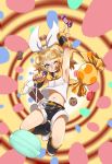  1girl absurdres armpits blonde_hair blue_eyes blurry bow breasts candy candy_wrapper cookie detached_sleeves food food_in_mouth gingerbread_man grin hair_bow hair_ornament hairclip hand_up headphones headset highres holding holding_microphone kagamine_rin leg_warmers macaron microphone midriff motion_blur mouth_hold navel one_eye_closed pinky_out sailor_collar sen_(aypj8447) shirt short_hair shorts sideboob sleeveless sleeveless_shirt smile solo teeth_hold vocaloid yellow_nails yellow_neckwear 