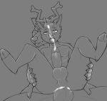  anthro antlers bodily_fluids butt butt_grab canid canine canis cervid cum duo genital_fluids genitals gladwyn_(herrmoki) hand_on_butt herrmoki hooves horn line_art looking_pleasured male male/male mammal monochrome on_lap penis sex sitting_on_lap tongue tongue_out unfinished were werecanid werecanine werewolf wolf 
