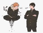  2boys black_hair black_jacket black_pants buttons collared_jacket commentary_request cropped_legs crossed_arms deka_ibiki eye_contact gakuran haikyuu!! hinata_shouyou hood hood_down hoodie jacket jumping kageyama_tobio knees_apart_feet_together layered_clothes layered_sleeves long_sleeves looking_at_another male_focus multiple_boys orange_hair pants popped_collar profile puff_of_air puffy_cheeks school_uniform shoelaces shoes short_hair sneakers spiked_hair sweatdrop white_hoodie 
