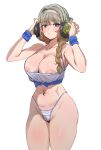  1girl areola_slip black_eyes bow_(bhp) braid braided_ponytail breasts bright_pupils brown_hair character_request closed_mouth collarbone copyright_request hairband headphones highres large_breasts long_hair looking_at_viewer navel panties pink_hairband simple_background solo striped_clothes striped_panties underwear white_background white_pupils 