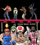  1girl 3boys baseball_cap bayonetta bayonetta_(series) black_eyes black_hair blonde_hair blue_eyes blue_overalls brown_hair character_doll closed_mouth cosplay crown denim dress facial_hair fatal_fury fatal_fury_cap fingerless_gloves game_screenshot_inset glasses gloves green_shirt hat jacket kicdon lipstick long_hair looking_at_viewer luigi luma_(mario) makeup mario mario_(cosplay) mario_(series) mishima_kazuya mole mole_under_mouth multiple_boys muscular mustache open_mouth overalls ponytail princess_peach princess_peach_(cosplay) red_eyes scar scar_on_cheek scar_on_face shirt short_hair super_mario_bros._2 super_smash_bros. tekken terry_bogard thick_eyebrows toad_(mario) toad_(mario)_(cosplay) white_gloves 