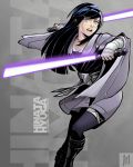  1girl bandages bangs black_hair blunt_bangs blunt_ends breasts character_name cleavage commentary dual_wielding energy_sword english_commentary grey_background highres holding holding_sword holding_weapon hyuuga_hinata lightsaber long_hair looking_at_viewer matoshi naruto_(series) naruto_shippuuden open_mouth purple_eyes simple_background solo star_wars sword teeth tongue weapon 