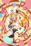  1girl absurdres armpits blonde_hair blue_eyes blurry bow breasts candy candy_wrapper cookie detached_sleeves food food_in_mouth gingerbread_man grin hair_bow hair_ornament hairclip hand_up headphones headset highres holding holding_microphone kagamine_rin leg_warmers macaron microphone midriff motion_blur mouth_hold navel one_eye_closed pinky_out sailor_collar sen_(aypj8447) shirt short_hair shorts sideboob sleeveless sleeveless_shirt smile solo teeth_hold vocaloid yellow_nails yellow_neckwear 