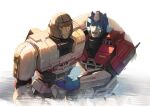  2boys blue_eyes carrying carrying_person d-16 highres looking_at_another male_focus mecha multiple_boys nekoha_gc open_mouth optimus_prime_(transformers_one) orange_eyes robot transformers transformers_one upper_body 