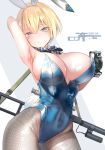  1girl animal_ears arm_up armpits bangs black_gloves blonde_hair blue_eyes blue_leotard blush breasts bunny_ears bunny_tail bunnysuit cleavage closed_mouth commentary_request covered_navel detached_collar fake_animal_ears fishnet_legwear fishnets girls_frontline gloves gun hair_ornament highleg highleg_leotard highres large_breasts leotard mole mole_under_eye pottsness rifle shiny shiny_clothes shiny_skin short_hair simple_background snowflake_hair_ornament solo strapless strapless_leotard tail vsk-94 vsk-94_(girls_frontline) weapon 