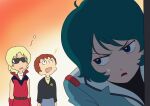  3boys amuro_ray blonde_hair blue_eyes blue_hair brown_hair char_aznable dazed frown gradient_background gundam gundam_gquuuuuux highres jacket jitome kamille_bidan long_sleeves male_focus mito_(mitotank) multiple_boys open_mouth orange_background parody scene_reference shirt simple_background sleeveless sunglasses sweatdrop white_background wide-eyed zeta_gundam 