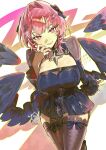  1girl black_bow black_dress black_shrug black_thighhighs black_wings bow breasts cleavage cowboy_shot dress hair_intakes hair_ornament highres large_breasts looking_at_viewer medium_hair official_alternate_costume pink_hair purple_eyes remielle_dan remielle_dan_(moonlight_whispers) shrug_(clothing) smile solo thighhighs white_wings wings yun-yang zenless_zone_zero 