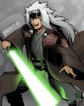  1boy character_name commentary energy_sword english_commentary forehead_protector grey_background highres holding holding_sword holding_weapon jiraiya lightsaber long_hair long_sleeves looking_at_viewer matoshi naruto naruto_(series) open_mouth simple_background solo standing star_wars sword teeth tongue weapon white_hair 