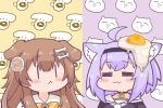  2girls :&lt; :3 =_= ahoge animal_ear_fluff animal_ears blush_stickers bone_hair_ornament brown_hair cat_ears chibi choker dog_ears egg egg_yolk hair_ornament hairband hololive hyottoko_mask inugami_korone jewelry long_hair matarou multiple_girls nekomata_okayu object_on_head pendant purple_hair short_hair |_| 