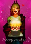  1girl absurdres blonde_hair blush breasts cake candle chainsaw_man confetti crosshair_pupils dbrhk0506 demon_girl demon_horns denim fangs fire food fruit good_end hair_between_eyes happy heart highres hood hoodie horns icing jeans long_hair looking_at_viewer medium_breasts open_mouth pants power_(chainsaw_man) purple_background red_eyes red_horns sharp_teeth shirt smile solo strawberry strawberry_cake teeth tongue very_long_hair what_if white_shirt 