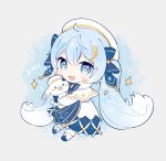  1girl 2021 animal beret blue_bow blue_eyes blue_neckwear bow bunny capelet chibi commentary dress full_body fur-trimmed_capelet fur_trim gold_trim greyscale hair_bow hat hatsune_miku holding holding_animal light_blue_hair long_hair looking_at_viewer maple_(57675110) monochrome open_mouth rabbit_yukine smile snowflake_print sparkle string_of_light_bulbs treble_clef twintails very_long_hair vocaloid white_capelet white_dress white_headwear yuki_miku yuki_miku_(2021) 