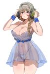  1girl black_eyes blue_dress bow_(bhp) braid braided_ponytail breasts bright_pupils brown_hair character_request closed_mouth collarbone copyright_request dress hairband headphones highres large_breasts long_hair looking_at_viewer panties pink_hairband semi-transparent_dress simple_background solo striped_clothes striped_panties underwear white_background white_pupils 