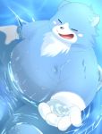  2020 anthro bathing belly blue_body eyes_closed fur humanoid_hands kemono mammal moosh oracle_of_ages oracle_of_seasons overweight overweight_anthro solo trail_arnak ursid water white_body white_fur 