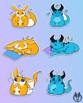 4_ears absurd_res avali avian bedsheetwalking black_eyes black_horn black_sclera blue_background blue_eyes blue_pillow blue_sclera chibi draconardo_(dragon) dragon duo feathers heart_symbol hi_res horn male male_(lore) multi_ear mythological_creature mythological_scalie mythology nude_male orange_body orange_feathers pillow purple_background purple_pillow ravashi_(dynnie) scalie simple_background sticker_pack white_body white_feathers winged_arms wings