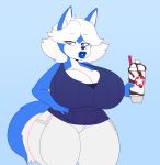  5_fingers absurd_res anthro beverage big_breasts big_butt blue_body blue_clothing blue_fur blue_lips blue_nose blue_shirt blue_topwear bottomwear breasts butt canid canine canis cleavage clothed clothing coffee curvy_figure darbo digital_drawing_(artwork) digital_media_(artwork) domestic_dog eyebrow_through_hair eyebrows female fingers frappe fur hair hi_res hourglass_figure husky hyper knee_up lips looking_aside mammal nordic_sled_dog pants shirt silver_eyes slightly_chubby solo somescrub spitz standing tail_down thick_lips thick_thighs tight_fit topwear translucent translucent_hair white_body white_bottomwear white_clothing white_fur white_hair white_pants wide_hips 