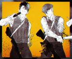  2boys ^_^ ajin_(sakurai_gamon) ar-15 bangs black_border blood border bulletproof_vest closed_eyes closed_mouth collared_shirt cowboy_shot cutting dart dismemberment flat_cap greyscale gun gun_to_head hair_between_eyes hand_up hat highres holding holding_gun holding_weapon leeis_cool machete male_focus missing_limb mob_psycho_100 monochrome multiple_boys pants rifle satou_(ajin) severed_arm severed_limb shimazaki_ryo shirt short_hair sleeves_rolled_up sling smile spot_color standing twitter_username weapon yellow_background 