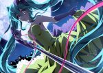  1girl absurdres aosaki_yato aqua_eyes aqua_hair backless_dress backless_outfit bow commentary cowboy_shot dress dutch_angle elbow_gloves foreshortening frilled_skirt frills from_below full_moon gloves green_dress hair_bow hatsune_miku highres holding holding_microphone kochira_koufuku_anshin_iinkai_desu_(vocaloid) long_hair looking_at_viewer microphone microphone_stand moon night night_sky open_mouth purple_bow purple_gloves siren_(mythology) skirt skirt_hold sky solo twintails very_long_hair vocaloid 