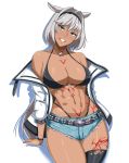  1girl abs absurdres animal_ears aqua_eyes belt bikini black_bikini black_headband black_legwear breasts caenis_(fate) cleavage cutoffs dark_skin dog_tags fate/grand_order fate_(series) hair_intakes headband highleg highleg_bikini highres large_breasts moussaka muscle muscular_female navel ponytail ponytail_holder shiny shiny_skin single_thighhigh studded_belt studded_jacket swimsuit tattoo thighhighs torn_clothes torn_legwear white_background white_hair white_nails 