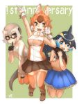  3girls :d absurdres animal_ear_fluff animal_ears anniversary bare_shoulders black_gloves black_hair blonde_hair blowhole blue_dress blue_eyes blue_hair bow bowtie brown_skirt commentary_request common_dolphin_(kemono_friends) dhole_(kemono_friends) dog_ears dog_girl dog_tail dolphin_tail dorsal_fin dress extra_ears eyebrows_visible_through_hair fangs finger_to_mouth frilled_dress frills glasses gloves green_background highres kemono_friends kemono_friends_3 light_brown_hair long_sleeves looking_at_viewer meerkat_(kemono_friends) meerkat_ears meerkat_tail multicolored_hair multiple_girls open_mouth orange_eyes pleated_dress pleated_skirt sailor_dress short_hair simple_background skirt sleeveless sleeveless_dress smile sweater tail thighhighs thin_(suzuneya) white_gloves white_hair white_neckwear yellow_eyes zettai_ryouiki 