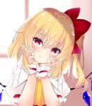 1girl arms_up blonde_hair blurry blurry_background blush commentary_request cravat day eyebrows_visible_through_hair flandre_scarlet hair_between_eyes hair_ribbon hands_on_own_cheeks hands_on_own_face head_in_hand head_tilt indoors looking_at_viewer no_hat no_headwear one_side_up puffy_short_sleeves puffy_sleeves red_eyes red_vest ribbon shirt short_hair short_sleeves smile solo tosakaoil touhou vest white_shirt window wings wrist_cuffs yellow_neckwear 