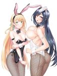  2girls absurdres animal_ears arm_under_breasts armlet ass black_hair blonde_hair braid breast_hold breasts bunny_ears bunny_girl bunny_tail bunnysuit character_request cleavage closed_mouth colored_eyelashes cowboy_shot detached_collar ear_covers earrings eyebrows fake_animal_ears fishnet_legwear fishnets green_eyes hairband highres jewelry kannatsuki_noboru large_breasts leotard long_hair looking_at_viewer magical_explorer multiple_girls pink_eyes pointy_ears side-tie_leotard side_braid sidelocks simple_background single_sidelock smile standing tail very_long_hair white_background wrist_cuffs 