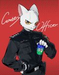  2020 anthro beverage beverage_can black_eyes chinese_text clothing domestic_cat english_text felid feline felis fur hand_on_hip hi_res li_bing_(white_cat_legend) male mammal mmmmaus pockets police_uniform red_background simple_background soda solo sprite_(soda) text uniform white_body white_cat_legend white_fur yellow_sclera 