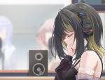  3girls black_hair blonde_hair brand_name_imitation closed_eyes cometik_(idolmaster) commentary_request headphones highres idolmaster idolmaster_shiny_colors ikaruga_luca ikuta_haruki manjukannon multicolored_hair multiple_girls profile recording_studio smile solo_focus speaker streaked_hair suzuki_hana two-tone_hair upper_body 