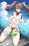  1girl absurdres air_bubble ass_visible_through_thighs azur_lane bandaged_arm bandaged_leg bandages bangs bare_shoulders bikini black_bikini black_nails blue_sky blush breasts breasts_apart brown_hair bubble cloud collarbone collared_bikini commentary_request cross_hair_ornament crown day dongyue_sakura eyebrows_visible_through_hair fish full_body garter_straps grabbing_own_breast green_eyes groin hair_ornament hair_ribbon highres kneeling long_hair looking_at_viewer medium_breasts midriff mini_crown multi-strapped_bikini navel neckerchief o-ring ocean open_mouth outdoors partially_submerged partially_underwater_shot pink_ribbon red_neckwear ribbon shadow sidelocks sky solo swimsuit tropical_fish twintails water_drop york_(azur_lane) york_(summoner_from_the_azure_depths)_(azur_lane) 