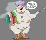  4_fingers anatid anseriform anthro areola avian belly bentina_beakley big_belly big_breasts biped bird blush bonnet breasts clothing colored dialogue disney double_chin duck ducktales elderly_female eyebrows eyelashes fat_rolls feet female fingers grey_background grey_hair grey_pubes hair headgear headwear hi_res jodero membrane_(anatomy) navel nipples overweight overweight_female pubes sagging_breasts scrub_brush shaded shower_cap simple_background smile smiling_at_viewer solo solo_focus speech_bubble steam toes toony towel webbed_feet 