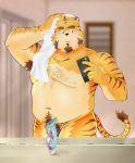  2020 anthro belly blush convenient_censorship felid humanoid_hands inside kemono male mammal moobs nipples overweight overweight_anthro overweight_male pantherine phone pubes ran_ran_629 solo tiger towel 