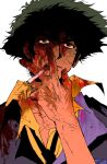  1boy black_necktie blood blood_on_face cigarette cowboy_bebop highres holding holding_cigarette male_focus multicolored_hair my_nameisyoon necktie shirt simple_background sketch solo solo_focus spike_spiegel suit two-tone_hair yellow_shirt 