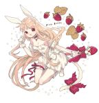  1girl animal_ears bell blonde_hair bow cat_tail choker detached_sleeves dress food fruit gloves highres holding holding_wand kitton_(hekiku13) long_hair magical_girl mew_berry name_connection object_namesake open_mouth puffy_detached_sleeves puffy_sleeves rabbit_ears rabbit_girl red_eyes shirayuki_berry smile solo strawberry tail tail_bell tail_ornament tokyo_mew_mew tokyo_mew_mew_a_la_mode wand yellow_dress 