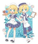  1boy 1girl :o :p anchor_print aqua_eyes bangs blonde_hair blue_collar blue_dress blue_headwear chibi clam_shell clipboard collar commentary dress fang fish flower full_body hair_ornament hairclip hat highres holding holding_pen holding_tray innertube kagamine_len kagamine_rin looking_at_viewer najo necktie ocean open_mouth pen sailor_collar sailor_dress sailor_hat seashell shell shirt short_hair short_ponytail short_sleeves sparkle starfish swept_bangs tongue tongue_out tray tropical_drink vocaloid waiter waitress white_collar white_headwear white_shirt 
