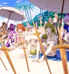  3boys 6+girls bangs barefoot beach beach_towel beach_umbrella bikini black_pants blonde_hair blush breasts bucket chair character_request cleavage closed_mouth cloud commentary_request cooler day drinking drinking_straw drinking_straw_in_mouth eyelashes fate/grand_order fate_(series) flower green_eyes green_hair hair_flower hair_ornament holding hood hoodie jumping long_hair long_sleeves lounge_chair multiple_boys multiple_girls outdoors palm_tree pants purple_hair running sand sandals shorts sitting siya_ho sky smile sunglasses swimsuit sword tail tank_top toes towel tree umbrella weapon 