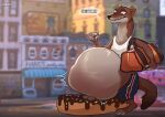 2025 abdominal_bulge absurd_res after_vore anthro bag belly big_belly bottomwear brown_body brown_eyes brown_fur carrying_bag city clothing crooked_whiskers dessert dialogue disney doughnut duke_weaselton fangs food fur grin hi_res looking_down macro male mammal mustelid musteline pastry pawpads plantigrade roobin shirt shorts smile solo speech_bubble tank_top teeth toothpick topwear true_musteline unwilling_prey vore watermark weasel whiskers zootopia 