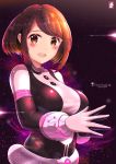  1girl :d artist_name black_bodysuit blush bodysuit boku_no_hero_academia breasts brown_eyes brown_hair chinchongcha eyebrows_visible_through_hair hands_together highres large_breasts looking_at_viewer multicolored multicolored_bodysuit multicolored_clothes open_mouth pink_bodysuit short_hair signature skin_tight smile solo space upper_body uraraka_ochako 